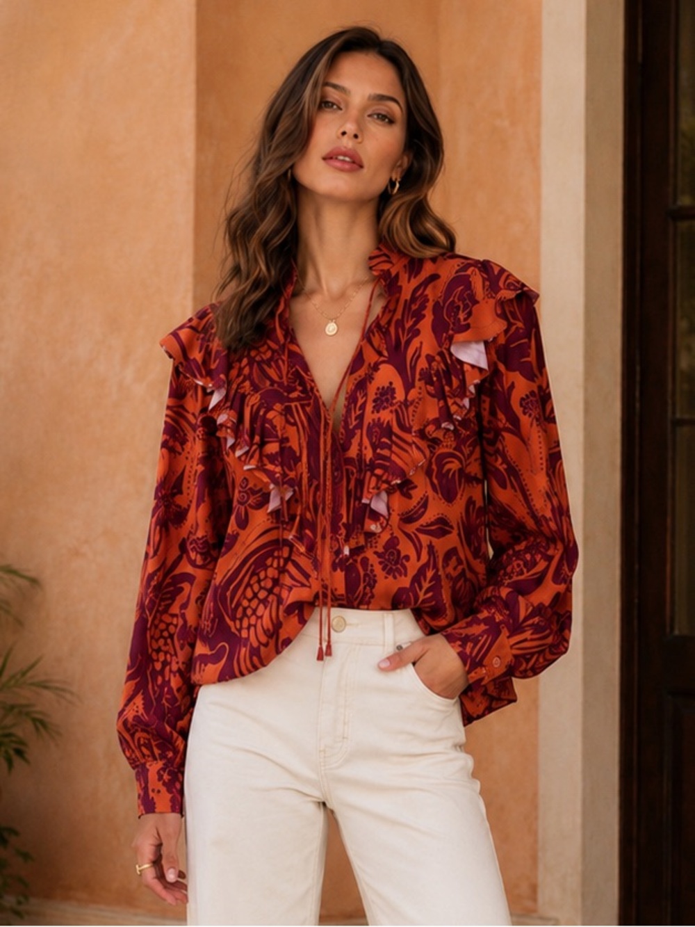 Johanna Ortiz Dreams Of Orient Ruffle Bib Blouse Red Orange Size 4